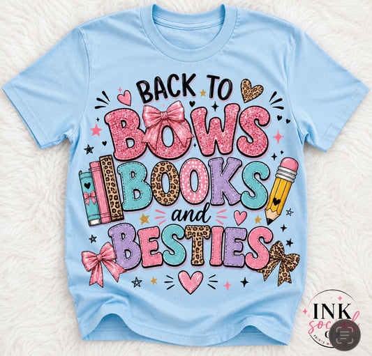 Back to Bows, Books & Besties Graphic Tee | Cute Girls Back to School Shirt | Toddler & Youth