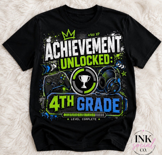 Achievement Unlocked: 4th Grade Graphic Tee | Gamer Back to School Shirt | Kids First Day Tee