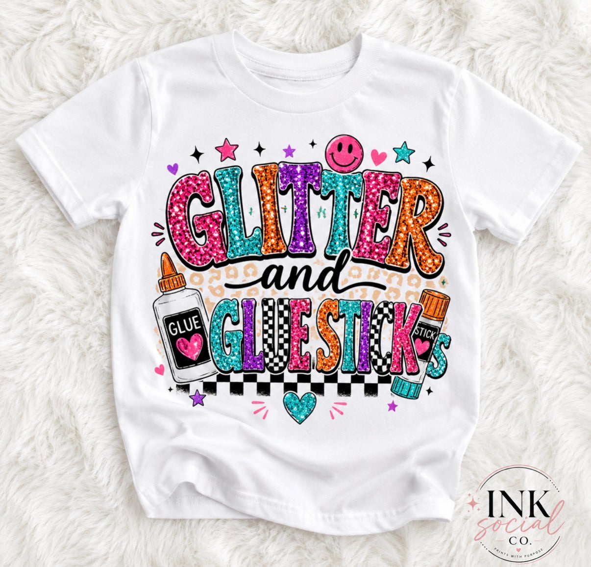 Glitter & glue sticks Kids Graphic Tee | Colorful Coquette School Shirt | Toddler & Youth Back to School T-Shirt