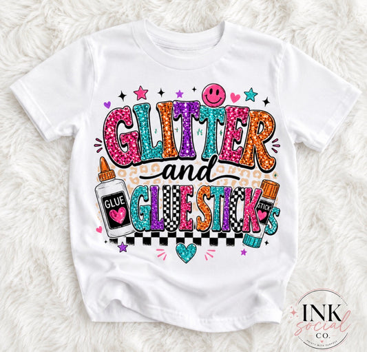 Glitter & glue sticks Kids Graphic Tee | Colorful Coquette School Shirt | Toddler & Youth Back to School T-Shirt
