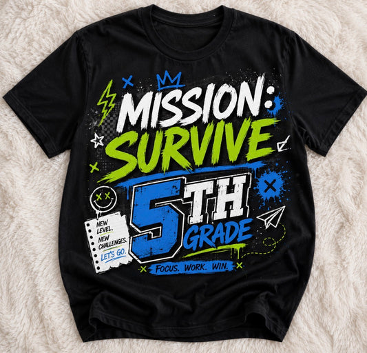 Mission: Survive 5th Grade Graphic Tee | Gamer Back to School Shirt | First Day of 5th Grade